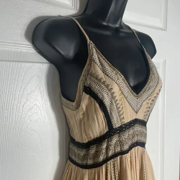 Anthropologie Dress Women 0 Tan Robin Embroidered Maxi Lace Boho Tiered‎ V Neck